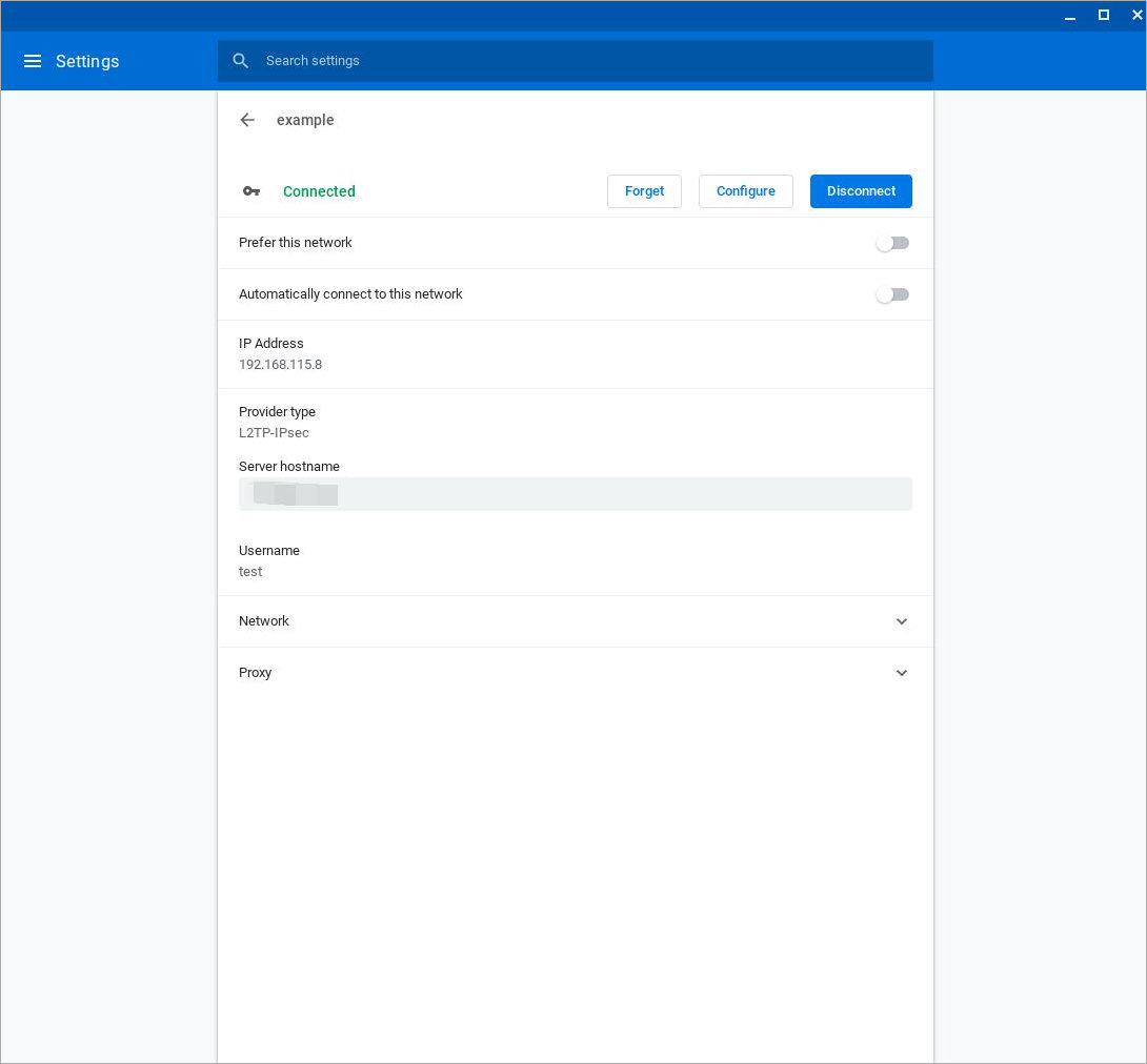 Screen shot of the VPN status on a Chromebook